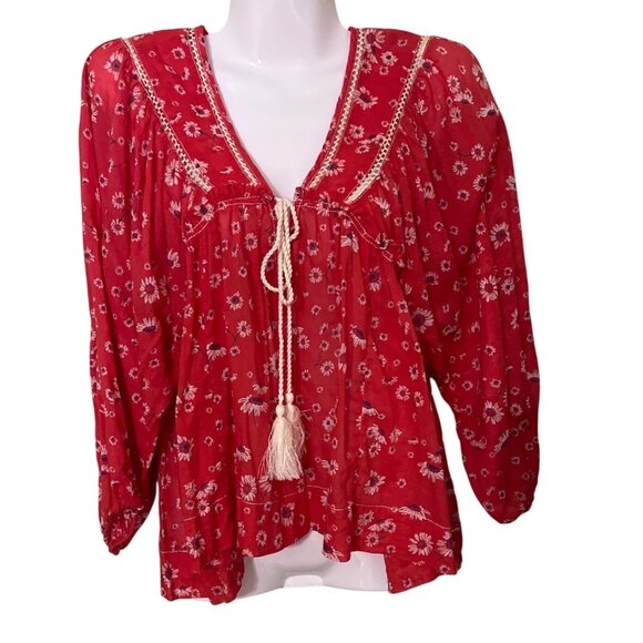 Free People XS Red Floral Boho Blouse With Tie Front & Lace Details Lagenlook - Picture 1 of 10